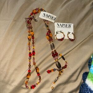 Napier Amber, Red & Pink Beaded Necklace with Matching Hoop Earrings